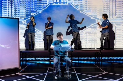 Rachel Fink, John Teresi, Crosby Lloyd, Nathan Reder as MEDIA and Aaron Greenberg as D-503.